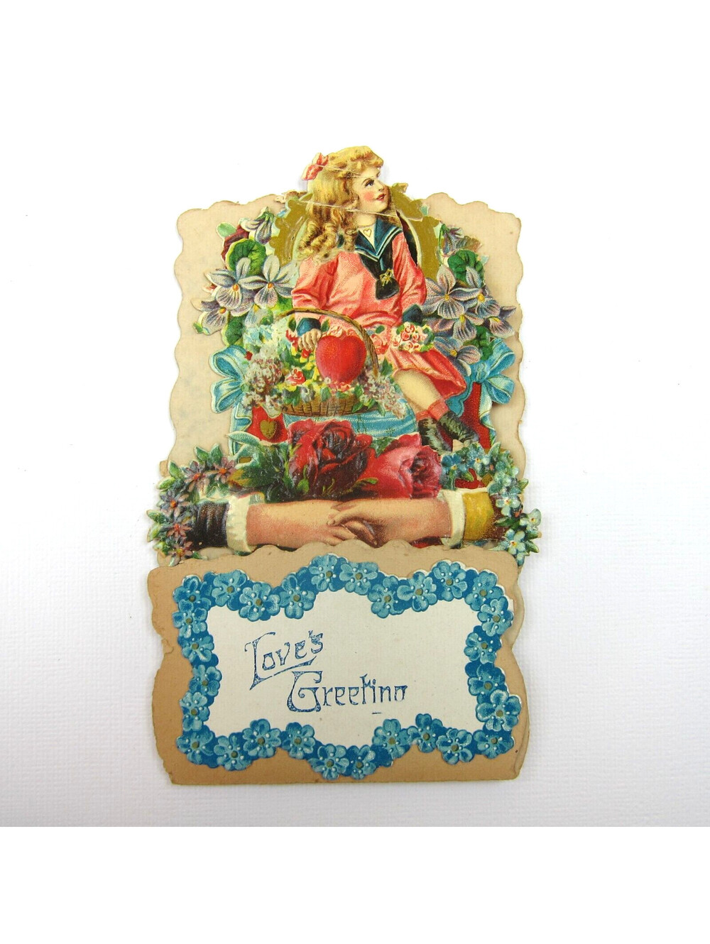 Vintage Valentine Pull Down Die Cut Stand Up Victorian Girl Flower Basket Roses